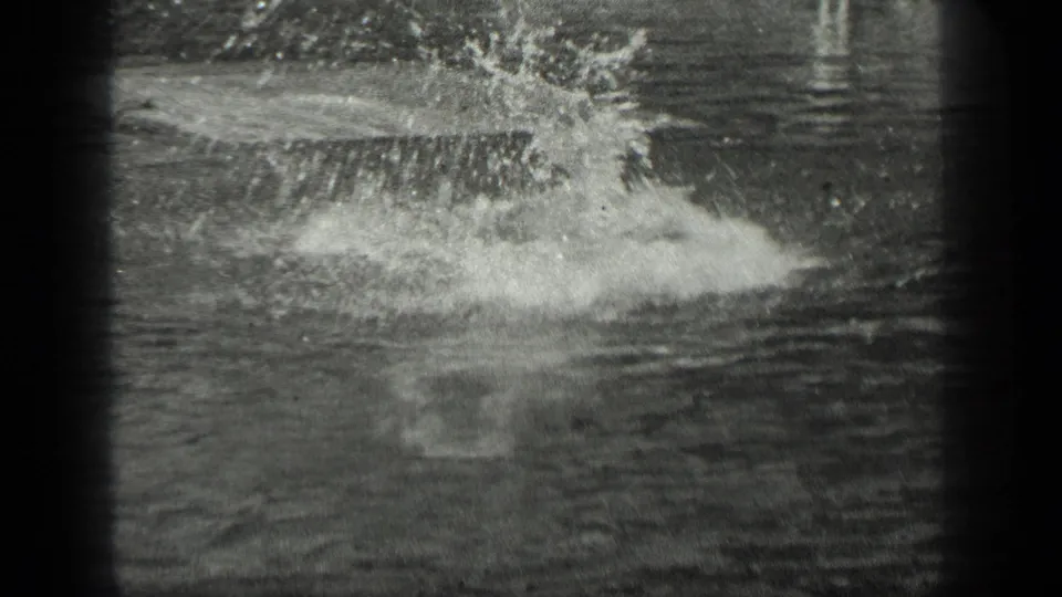 A large splash fills the frame as a swimmer enters or surfaces in the lake, with heavy grain and soft contrast.