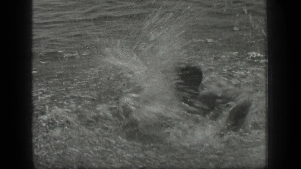 A swimmer is partly obscured by spray while playing in the lake, framed by soft 8mm black-and-white borders.