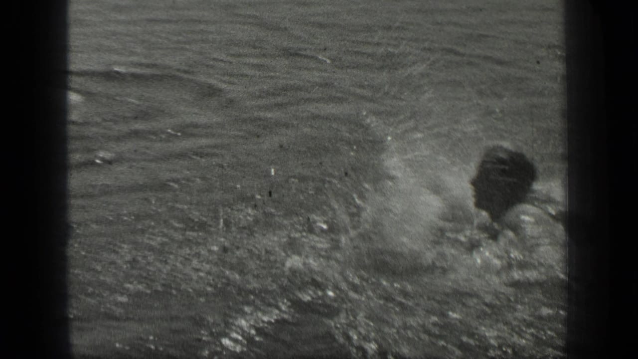 In the supplied Long Lake 1939 footage, a swimmer moves across rippled water while a splash breaks beside them.