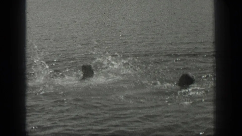 1939 Long Lake home-movie frame showing swimmers partly submerged as splashes break across the water surface.