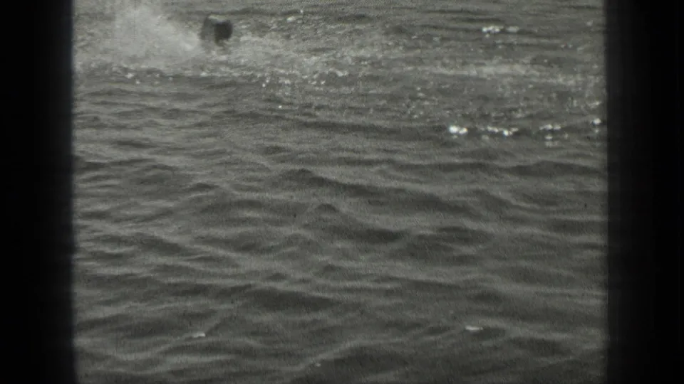 A late moment in the 1939 Long Lake, Canada clip shows a distant swimmer near a splash trail, with open rippling water in the foreground.
