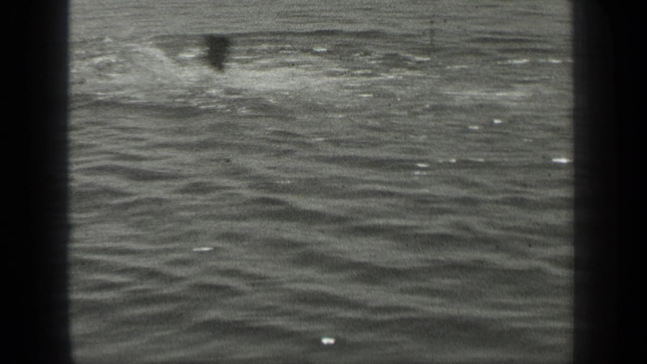 1939 Long Lake, Canada home-movie frame showing two distant swimmers bobbing in textured lake water.
