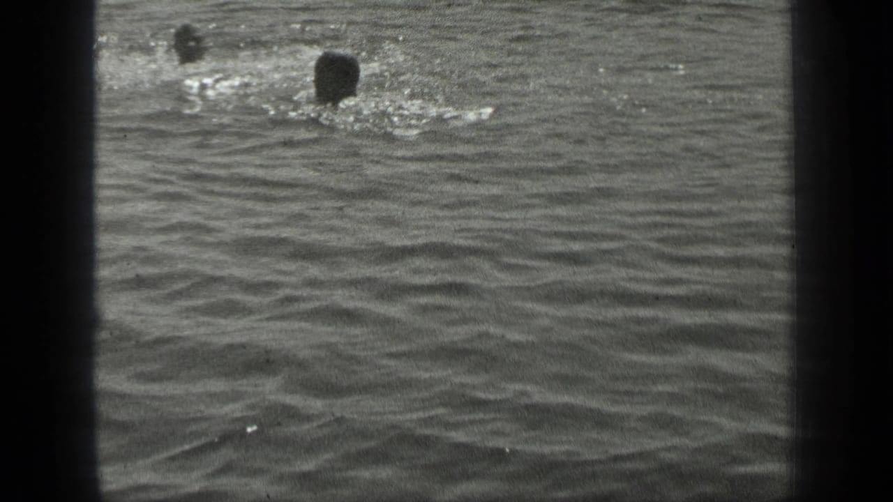 Long Lake frame with one swimmer splashing near the upper right and another distant head in the water.