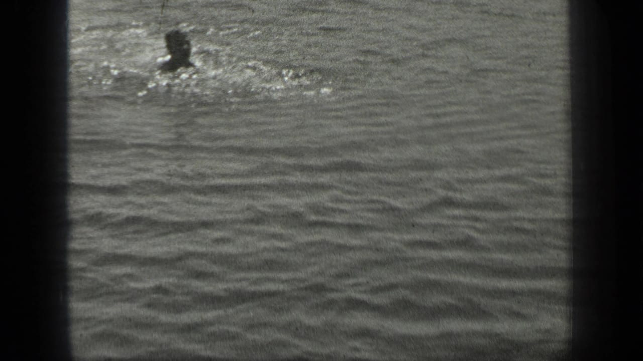 Long Lake, Canada frame with a swimmer partly visible near surface splashes in grainy black-and-white water.