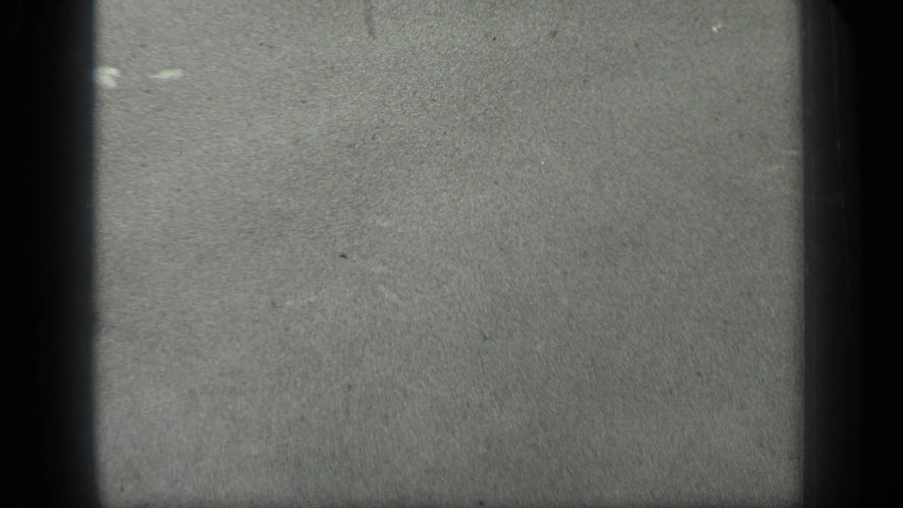 Grainy 1939 Long Lake shoreline frame with a pale wet surface, faint scratches, and heavy 8mm gate shadowing.