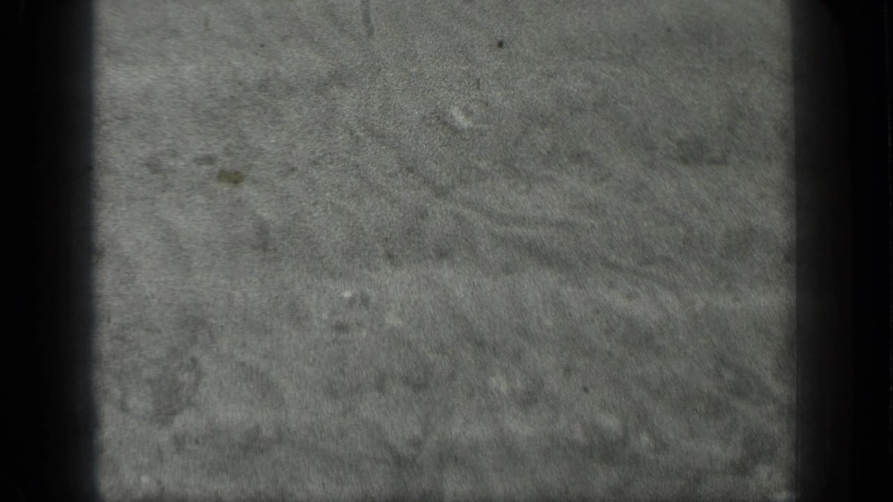 1939 Long Lake, Canada 8mm frame of muted grey rippling water with soft grain, faint specks, and shadowed frame edges.