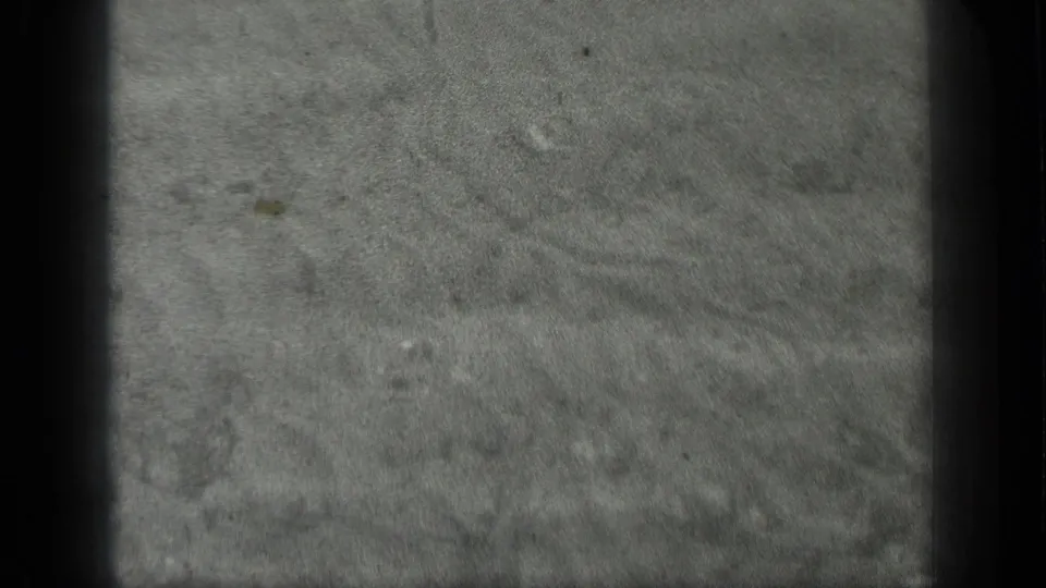 1939 Long Lake, Canada 8mm frame of muted grey rippling water with soft grain, faint specks, and shadowed frame edges.