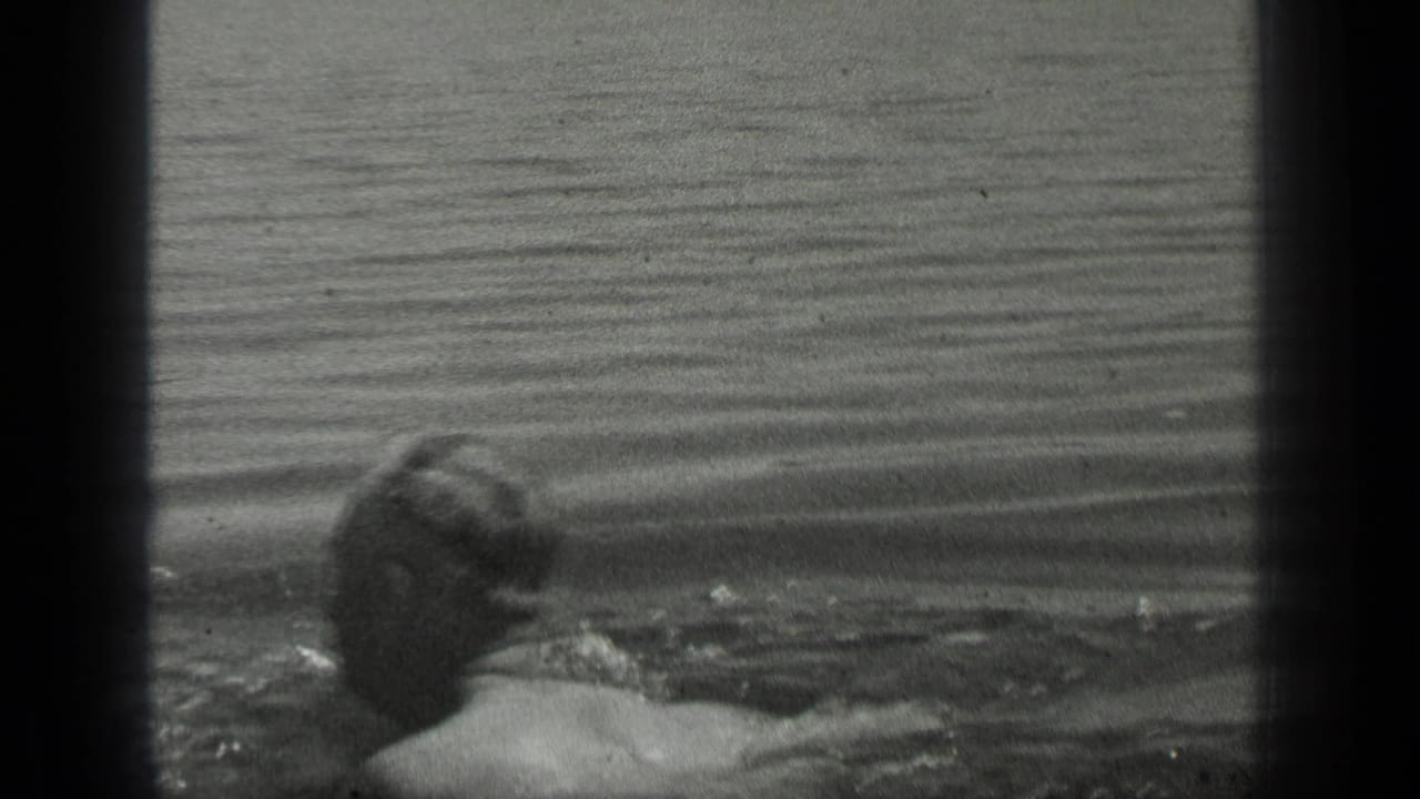 The man is seen from behind while swimming in Long Lake, with his head low in the water and ripples around him.