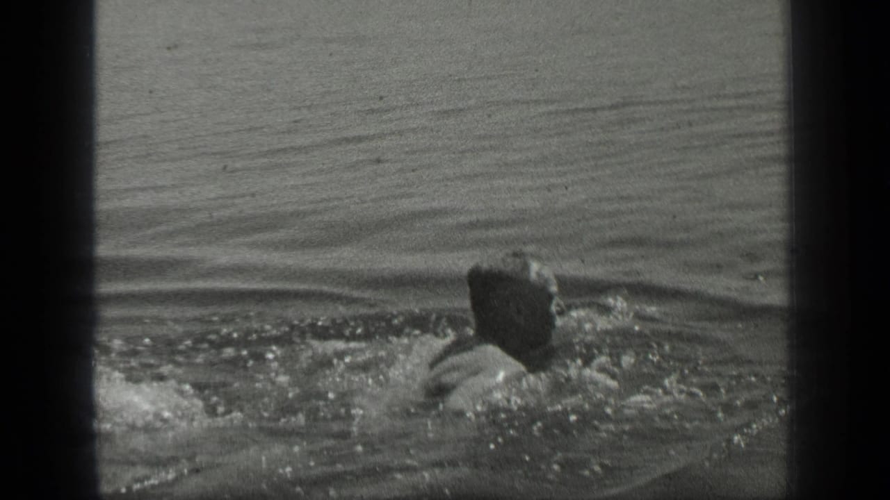 Swimmer's head and shoulders in rippling lake water near dark film borders.