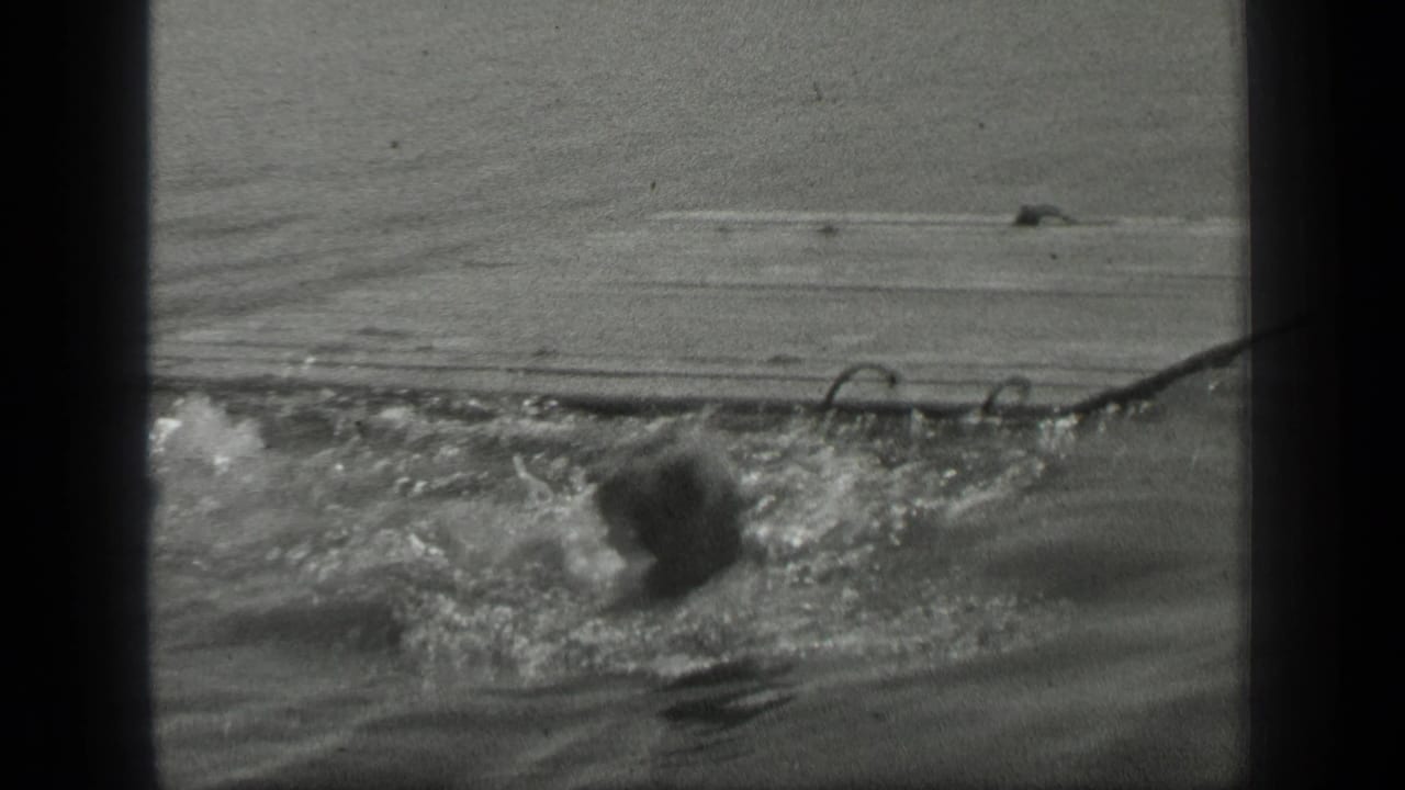 The swimmer is partly submerged beside splashing water, with wood and a curved line or rope visible near the edge of the frame.