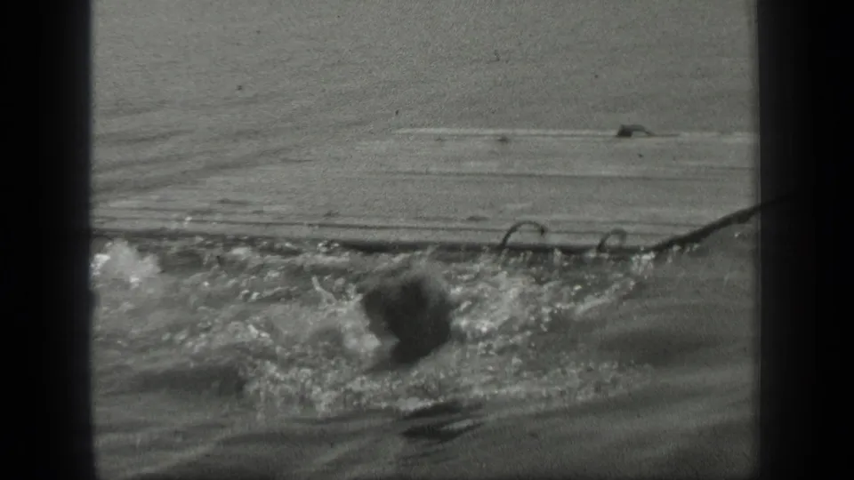 The swimmer is partly submerged beside splashing water, with wood and a curved line or rope visible near the edge of the frame.