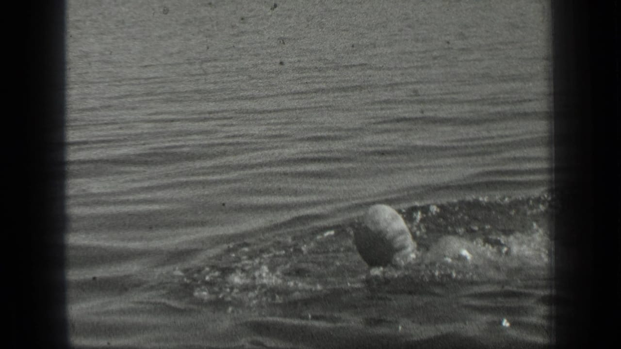 1939 Long Lake, Canada frame with a swimmer in a cap moving through calm lake water, seen from an amateur shoreline perspective.