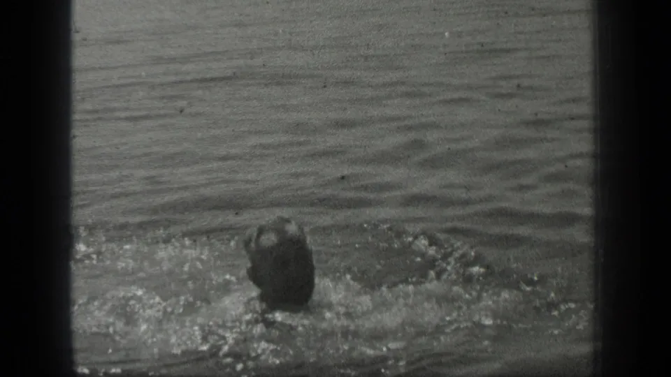 A capped swimmer moves away through rippled water at Long Lake, Canada, in a grainy 1939 8mm home-movie frame.