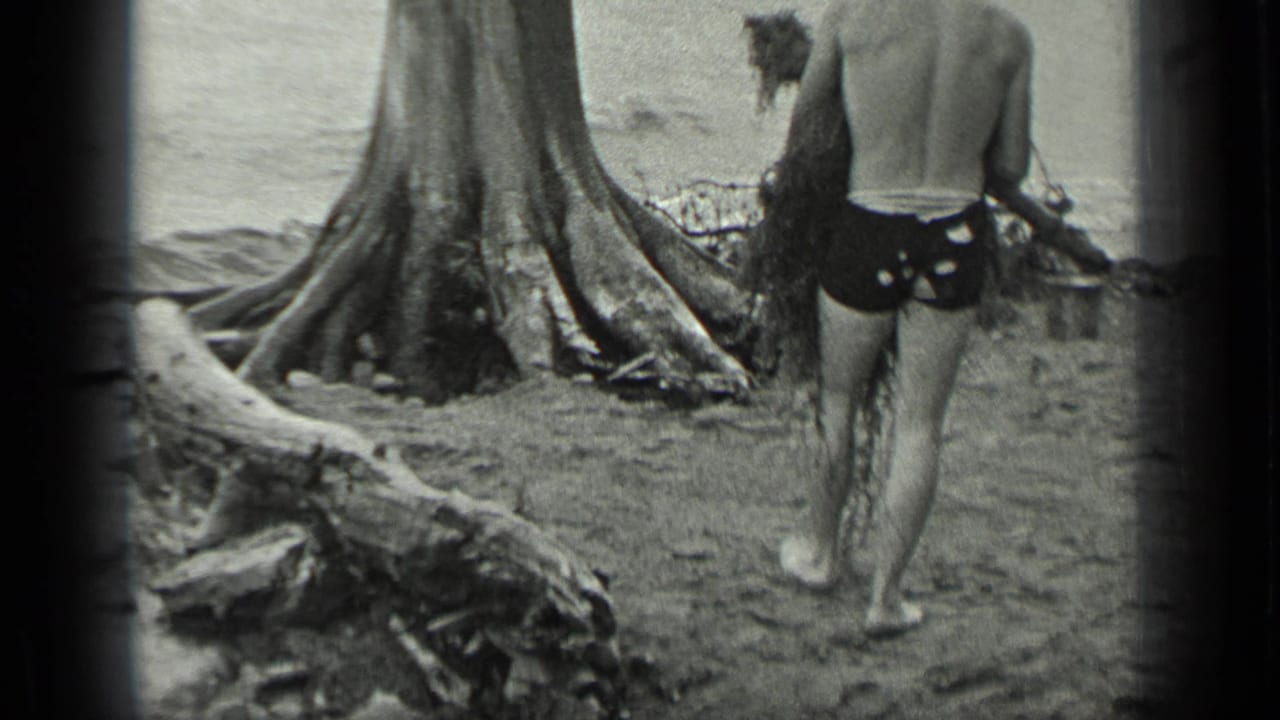 Shirtless man in dark swim trunks carries branches beside a large lakeside tree.