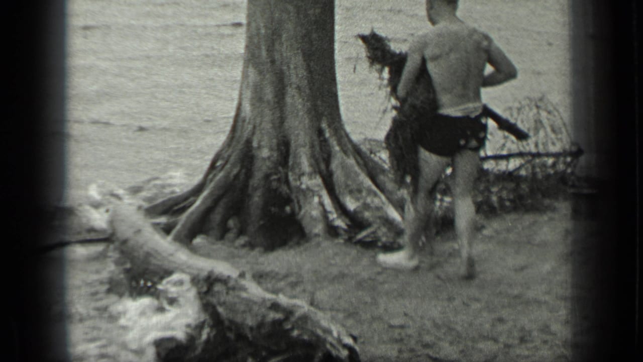 Man walks away along the shore while holding a bundle of branches or roots.
