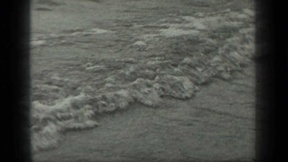 Small waves roll onto the Long Lake shore while the upper part of the frame still shows the lakeside tree and man near the water.