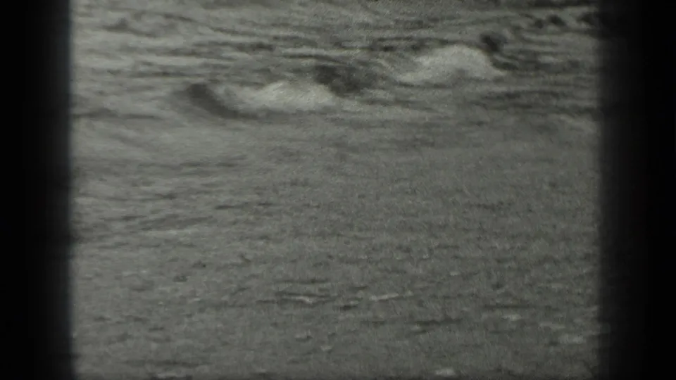 1939 Long Lake, Canada frame with low foamy surf crossing wet sand, bordered by dark 8mm gate edges.