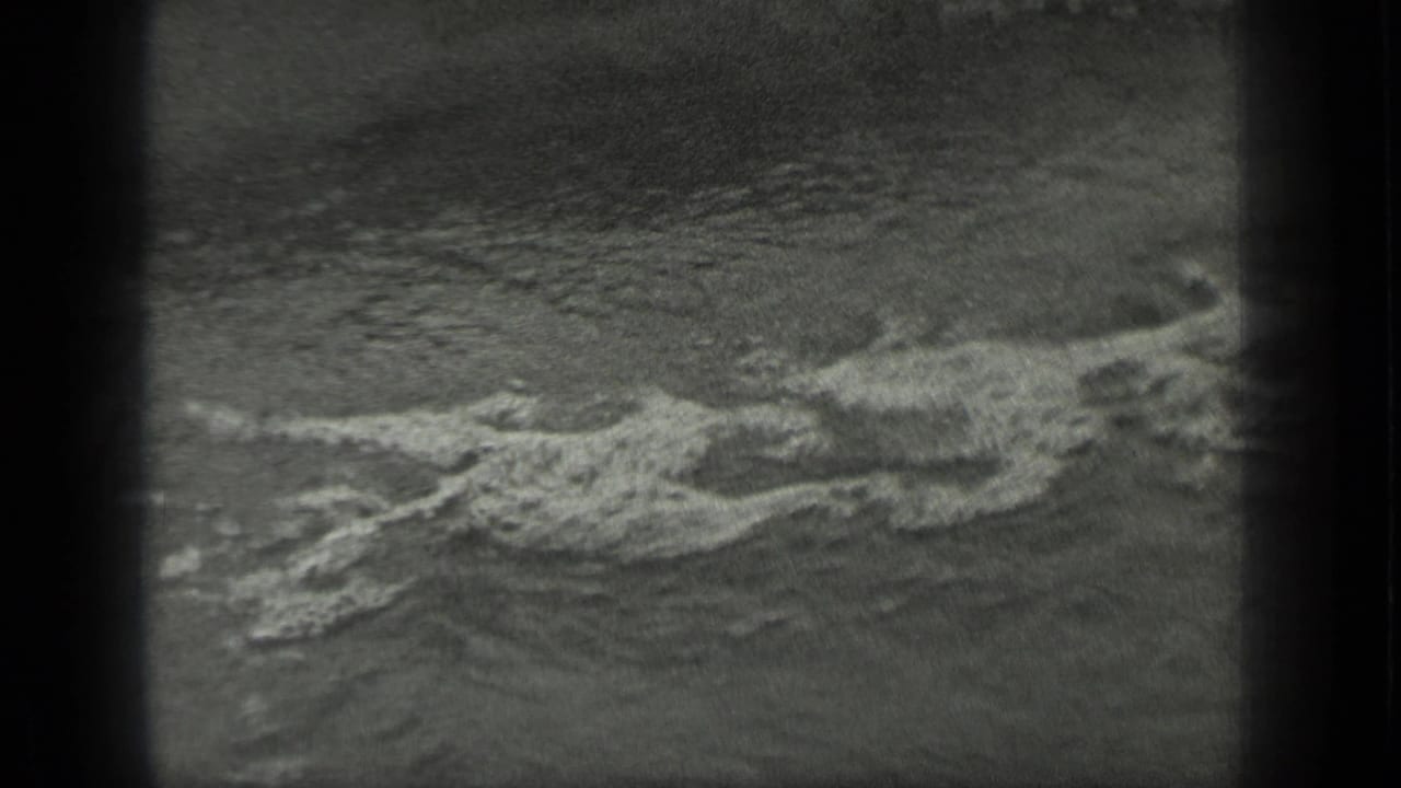 Black-and-white 1939 Long Lake frame with white foam streaking over choppy water close to shore.