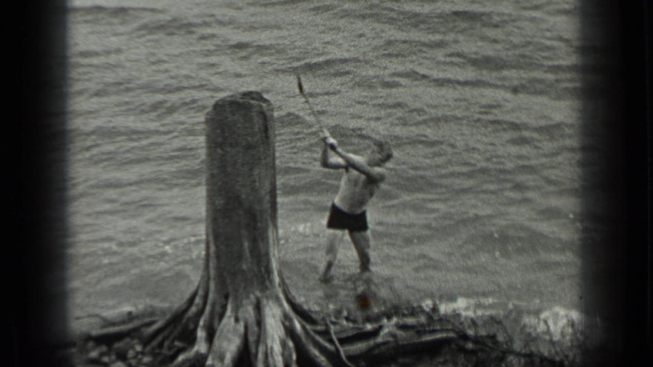 Man in swim trunks raises an axe beside driftwood at the water's edge.