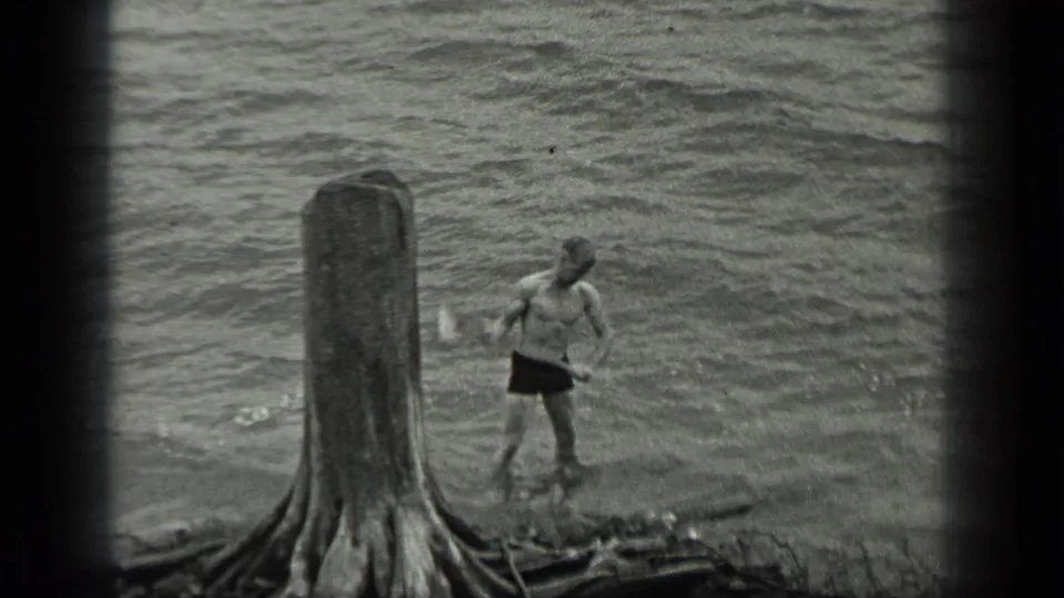 The man stands at the Long Lake shoreline with an axe lowered, near a weathered stump and moving water.