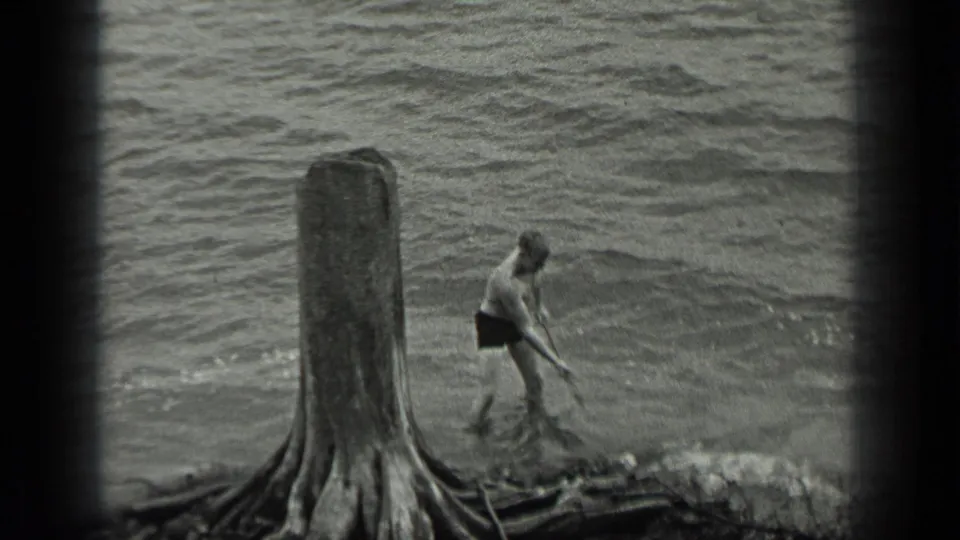 A shirtless man bends at the Long Lake water's edge, working an axe near tangled driftwood and exposed roots.