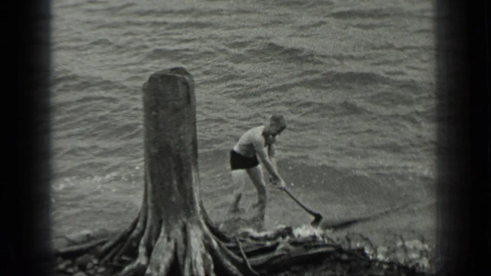 At the lakeshore, the man uses the axe like a hook or lever against driftwood beside the stump and rippled water.