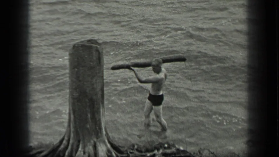 The man appears in shallow Long Lake water with a log held behind his shoulders, near the large stump at the shoreline.
