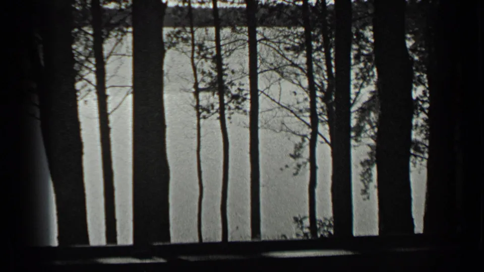 Black-and-white 8mm view at Long Lake, Canada, with foreground tree silhouettes and a small rowboat beyond them.