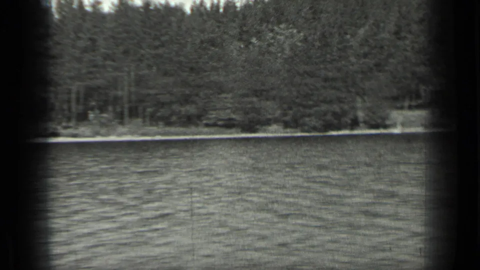 Long Lake shoreline in black-and-white 8mm, with water in front, dense evergreens, and a small dark object near the bank.