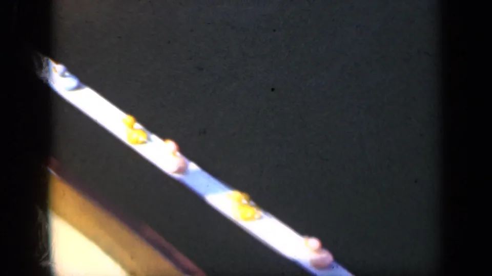 Close 1948 fishing detail showing a pale rod or rail, small yellow objects, and dark water within an 8mm frame.