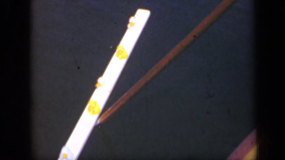 1948 Long Island 8mm frame showing a close view of a white narrow object with yellow circular details and a brown rod crossing diagonally.