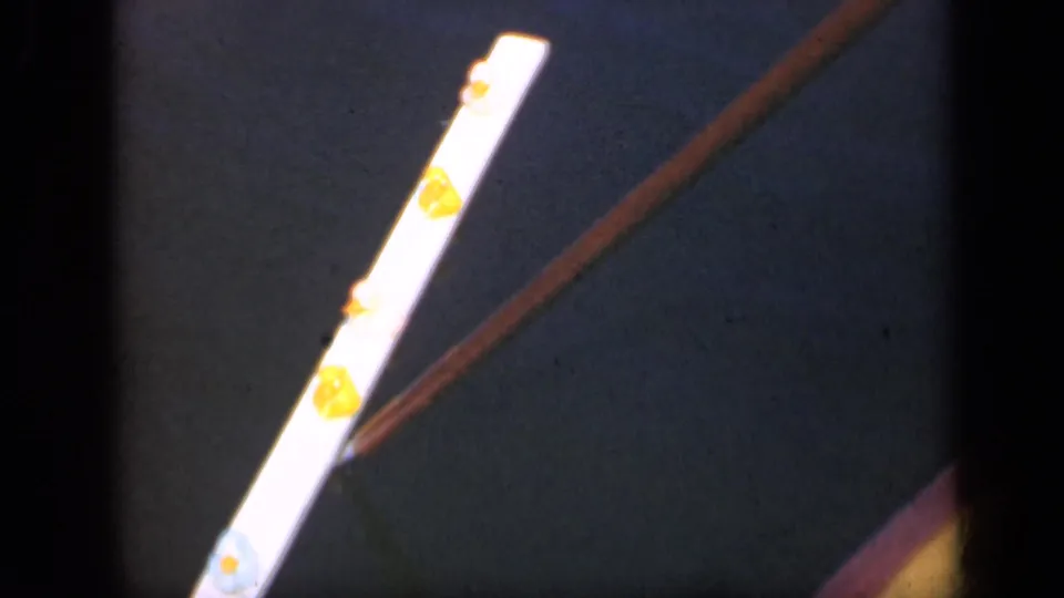 1948 Long Island 8mm frame with the white stick-like object angled upward and a brown rod running diagonally across the scene.