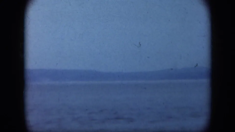 1948 Long Island home-movie frame showing open water and a faint distant shoreline through soft, rounded 8mm gate edges.