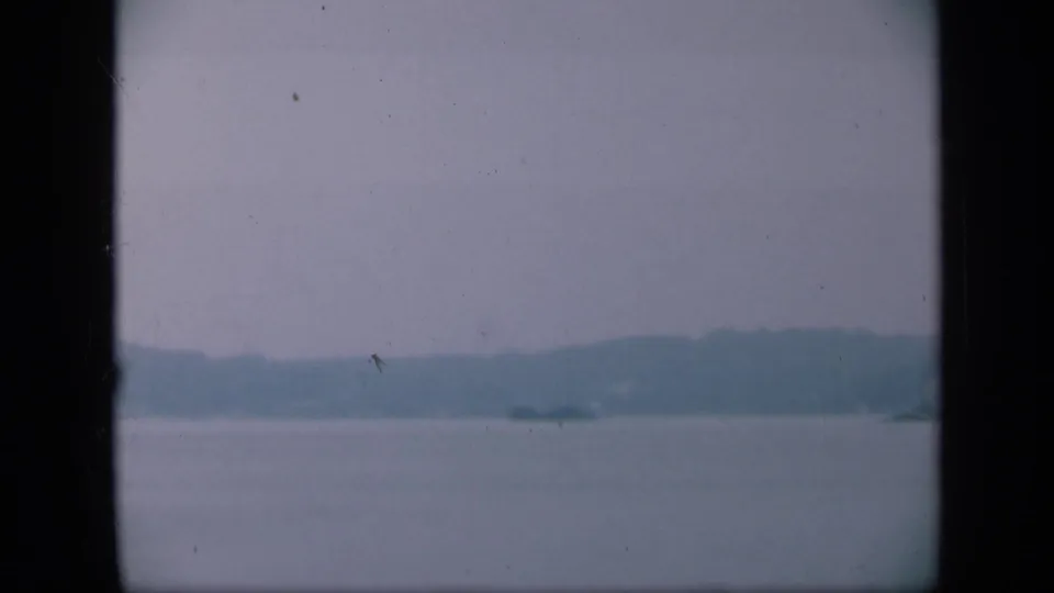 Final frame of the 1948 Long Island coastal view, showing calm water, distant land, and a small dark shape offshore.