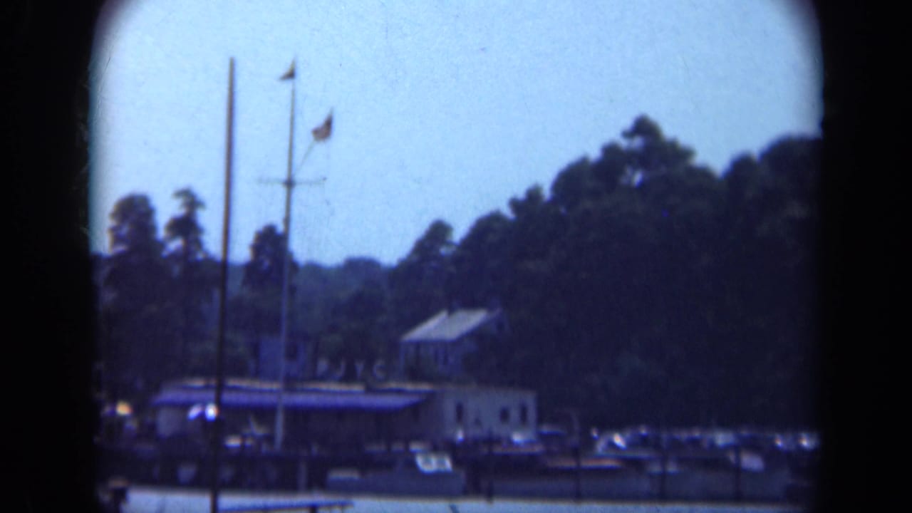 Distant marina with dock house, tall mast, flags, parked cars, trees, and water.