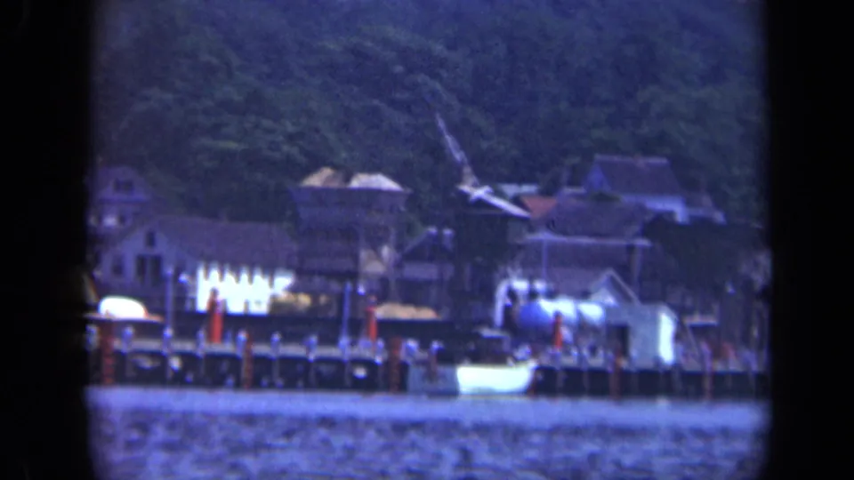 1948 Long Island waterfront view showing buildings along a pier, small boats, and dense trees behind the shoreline.