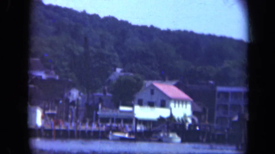 Long Island waterfront in 1948 with shoreline buildings, boats, pier pilings, and a wooded rise behind town.