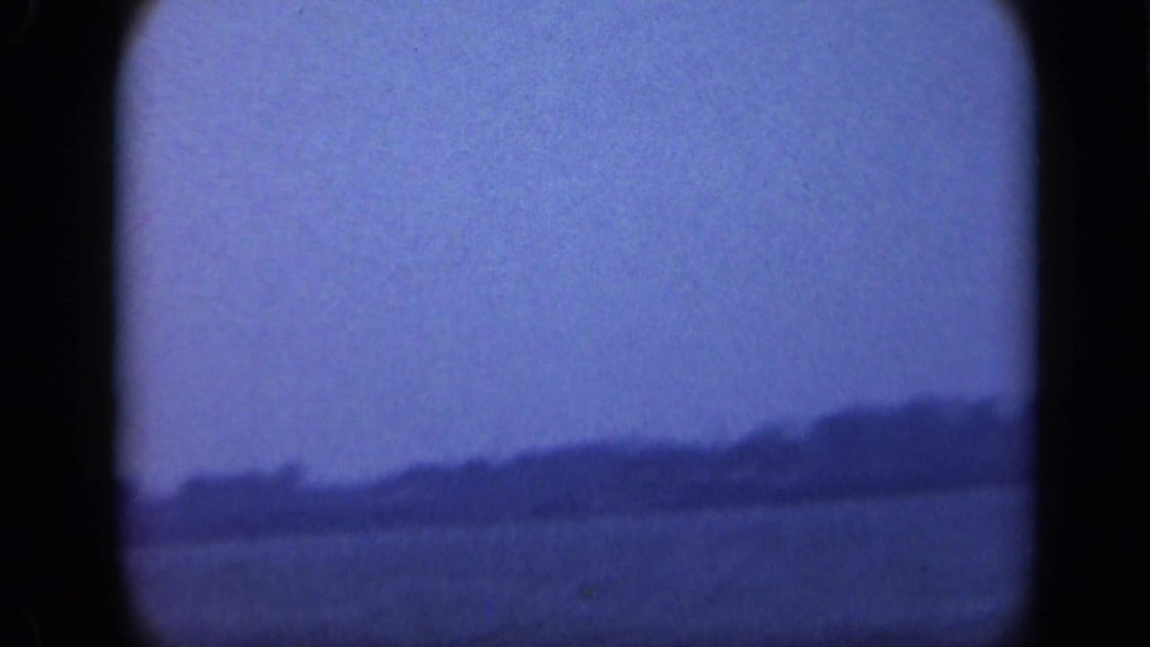 Blue-tinted view across water toward a distant treeline and low shoreline.