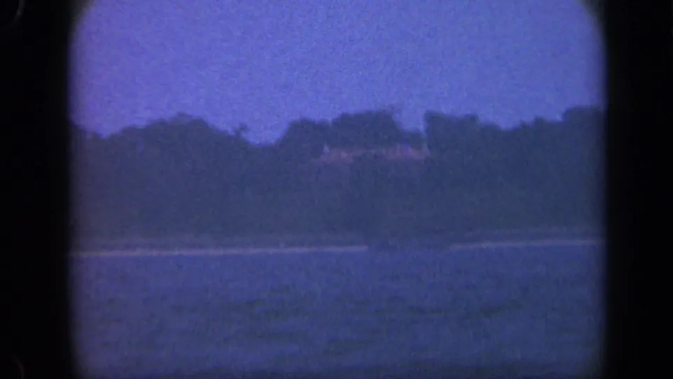 Long Island bay shoreline in soft 8mm color, with trees, water, and a faint roofline in the distance.