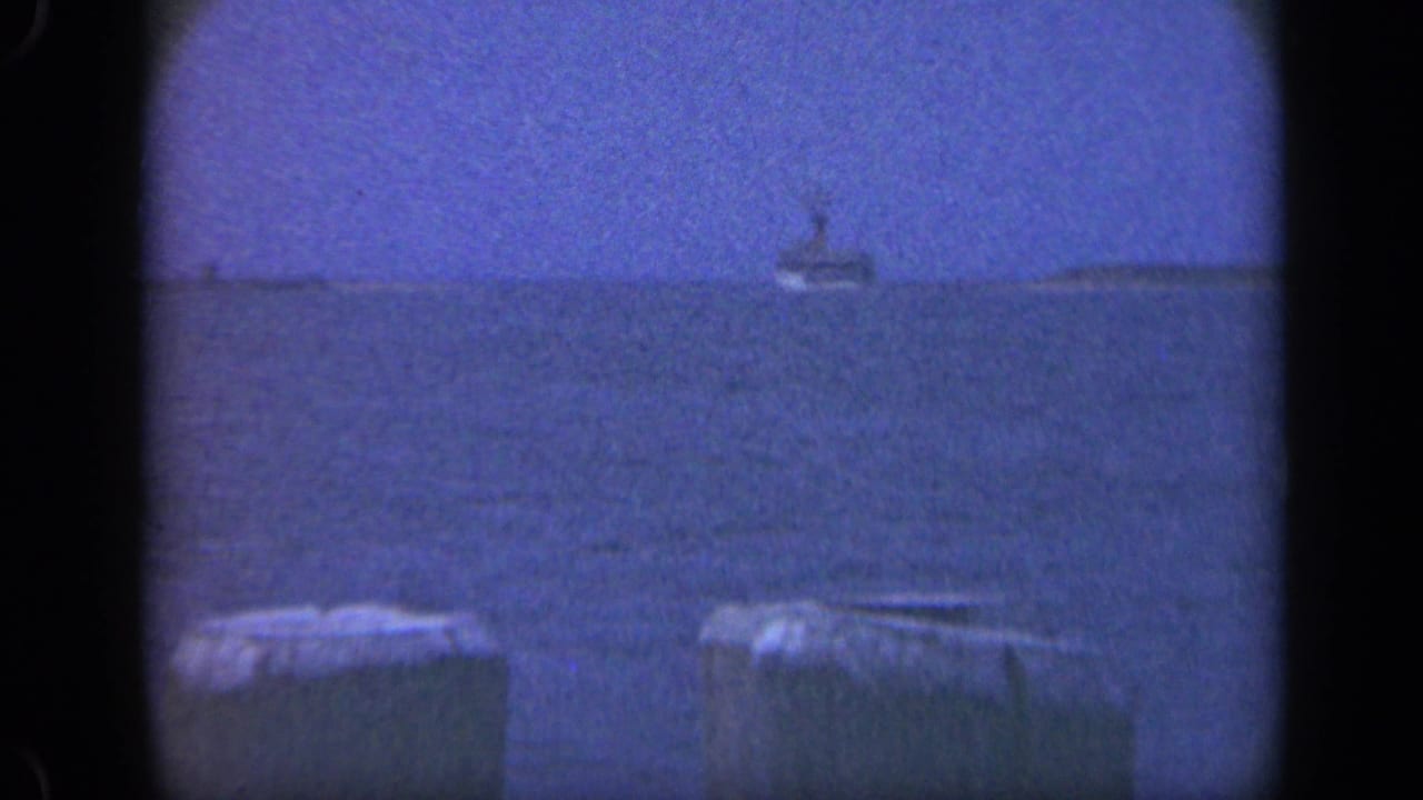 Large vessel near the horizon with dark water and dock posts in the lower foreground.