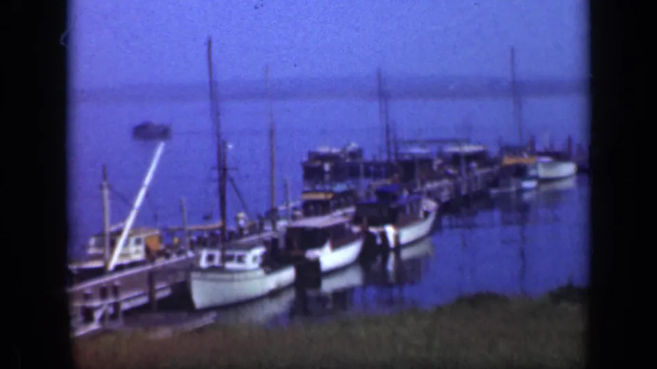 The final frame shows Long Island harbor boats beside dock structures, with grass in the foreground and still water behind them.