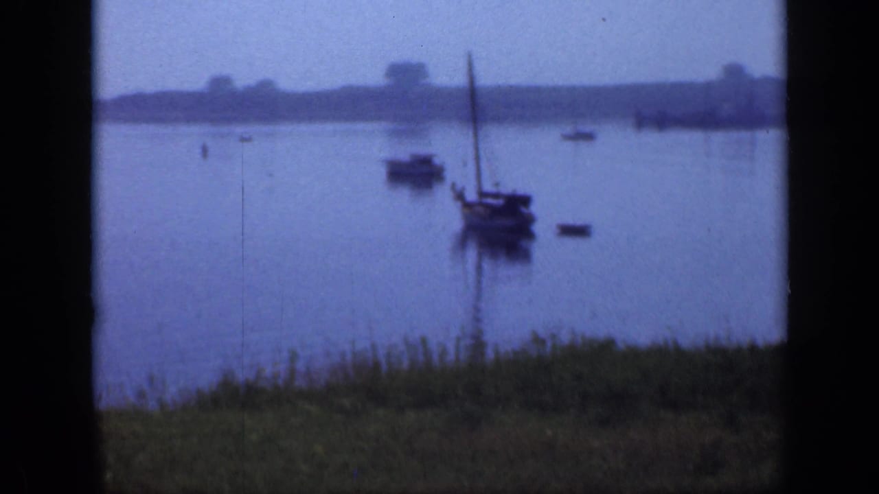 Small boats anchored on calm water beyond a grassy shoreline.