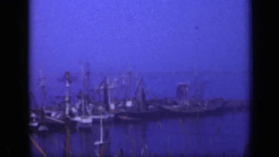 Wide 8mm harbor view from Long Island in 1948, with clustered docked boats, masts, pier elements, calm water, and blue-tinted film texture.