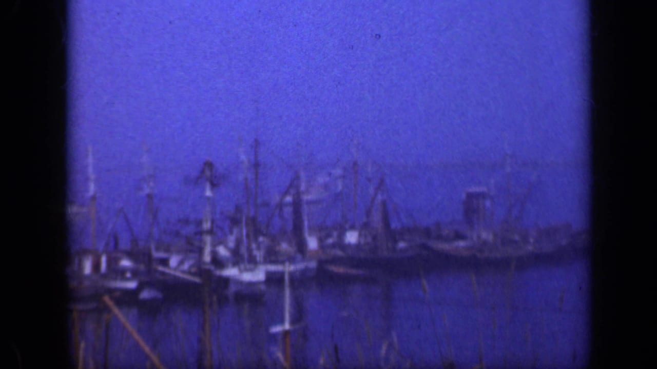 1948 Long Island marina view with old sailboats, tall masts, rigging, dark water, and foreground grass in blue-tinted 8mm footage.