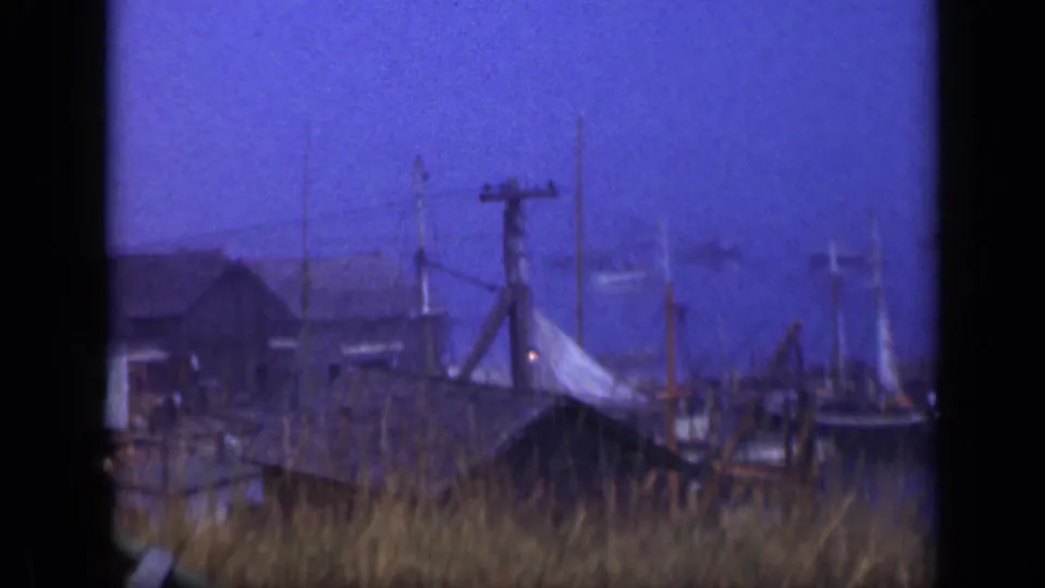 Long Island marina frame from 1948 showing a small dockside building, utility pole, sailboats, masts, water, and foreground reeds.