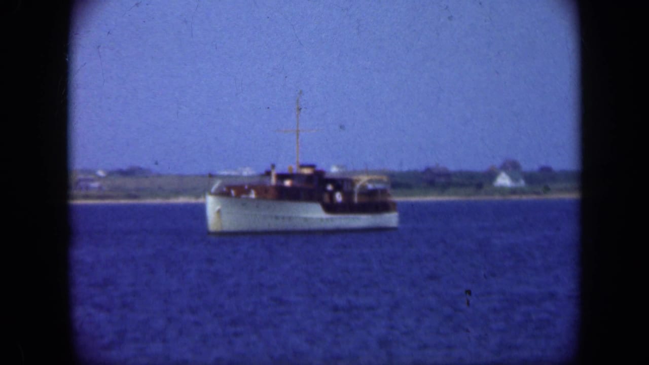 White and brown motor yacht moving across blue water with a low shoreline behind it.
