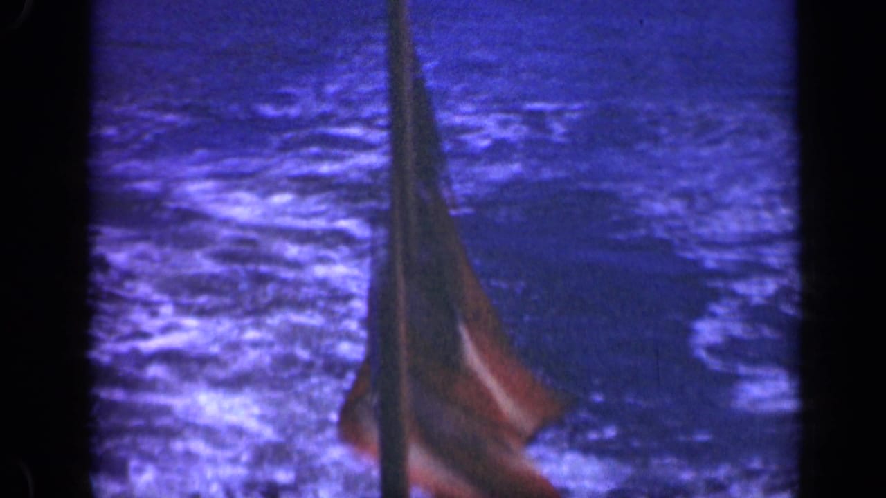 Partially visible U.S. flag beside a mast over choppy water.