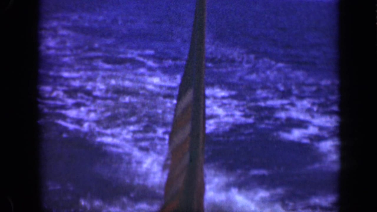 U.S. flag on a mast against dark choppy water at night.