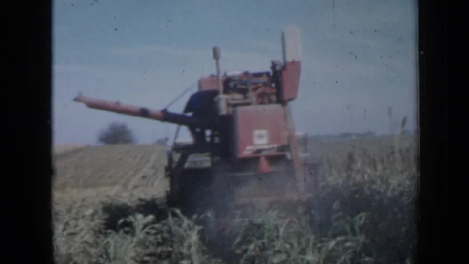 1958 Minnesota 8mm frame showing a red combine with an extended auger working through corn as dust gathers near the ground.