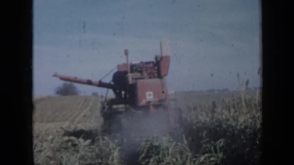 A red thresher works through a Minnesota crop field in 1958, with dust rising behind the machine under a pale sky.